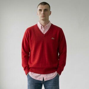 Izod Lacoste Vintage 1980's Red Orlon Acrylic V-Neck USA Made Sweater Men's XL
